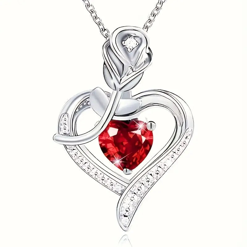Collar con Colgante de Corazón de Rubí Plateado