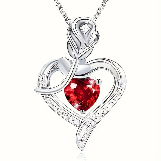 Collar con Colgante de Corazón de Rubí Plateado