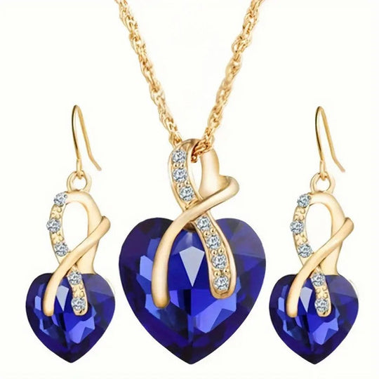Conjunto de Collar y Pendientes de Corazón de Zafiro Dorado