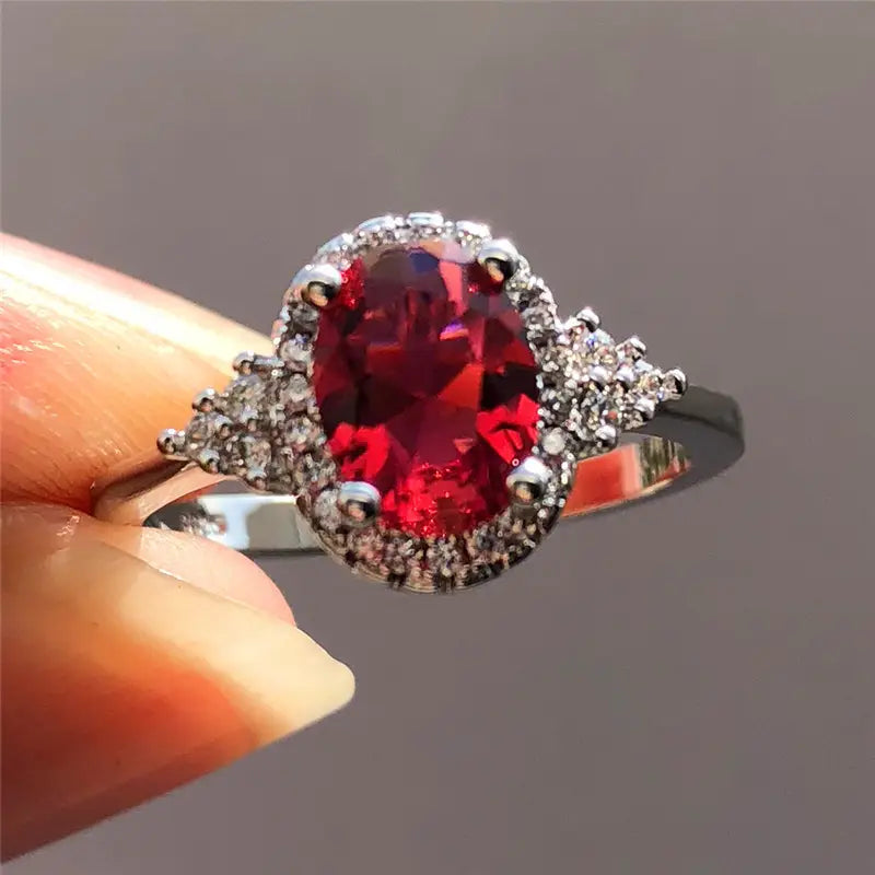 Anillo Halo de Rubí Plateado