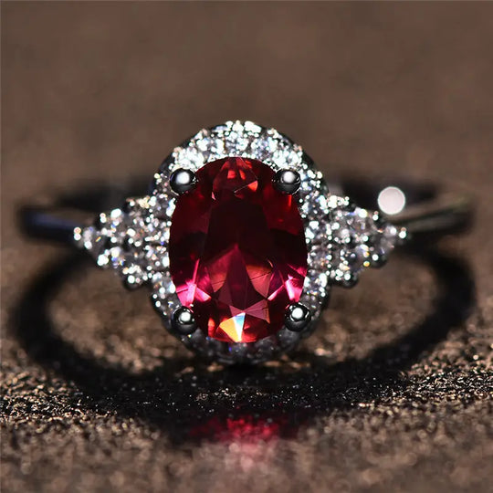 Anillo Halo de Rubí Plateado
