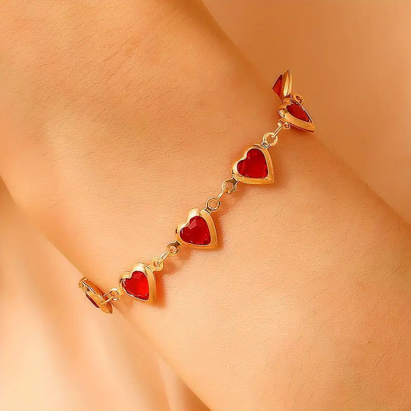 Pulsera de Cadena de Corazón de Rubí Dorado