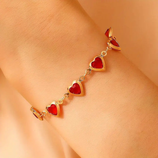 Pulsera de Cadena de Corazón de Rubí Dorado
