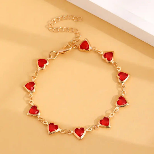 Pulsera de Cadena de Corazón de Rubí Dorado