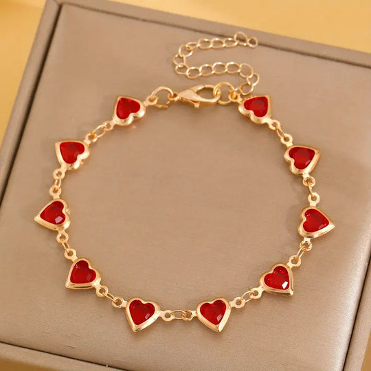 Pulsera de Cadena de Corazón de Rubí Dorado