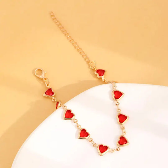 Pulsera de Cadena de Corazón de Rubí Dorado