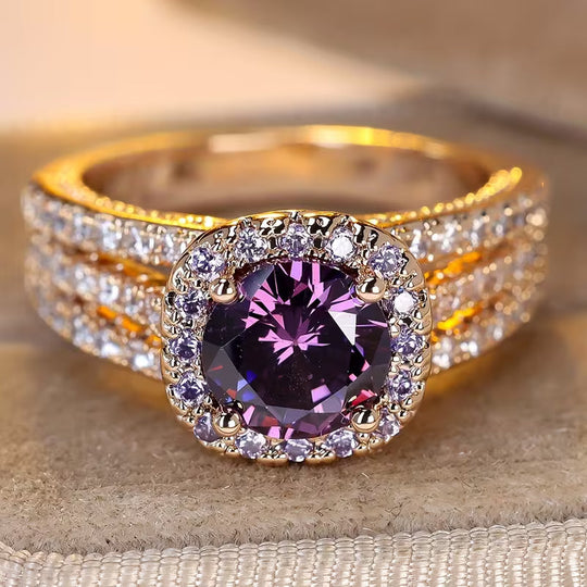 Anillo Halo de Amatista Dorada