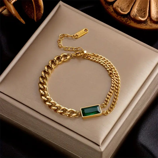 Pulsera de Cadena con Barra de Esmeralda Dorada