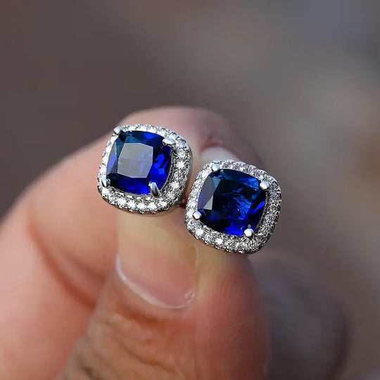 Pendientes de Stud Halo de Zafiro Plateado