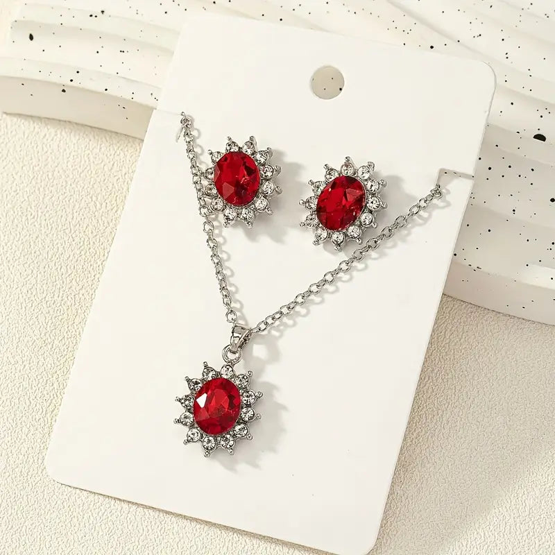 Conjunto de Joyería Floral de Rubí Plateado