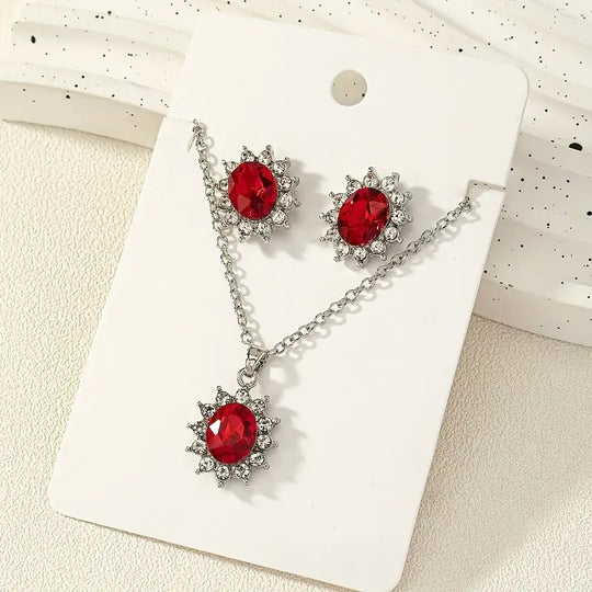 Conjunto de Joyería Floral de Rubí Plateado