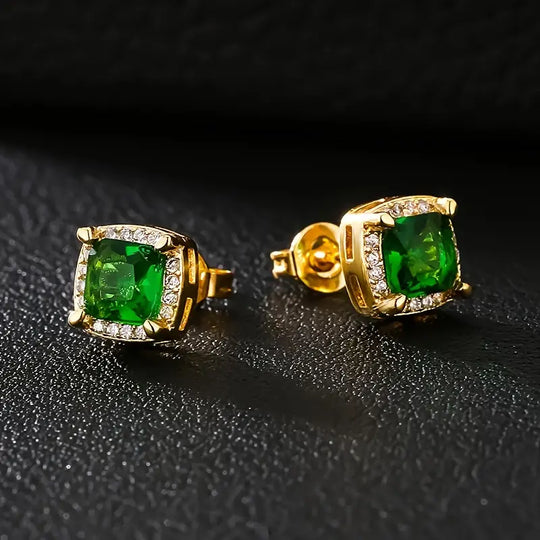Pendientes de Stud Halo de Esmeralda Dorada