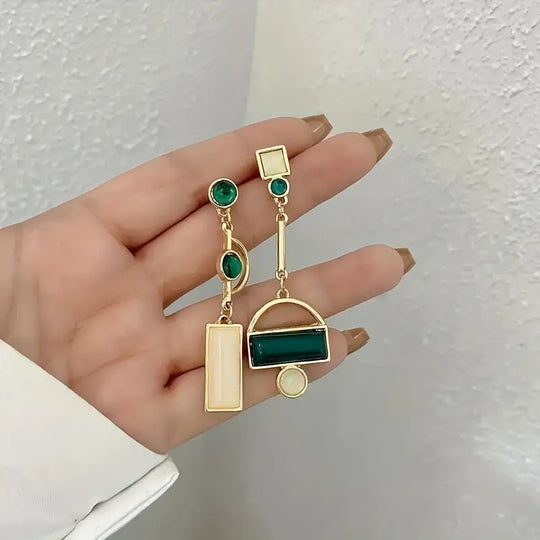 Pendientes Colgantes Geométricos de Oro y Esmeralda