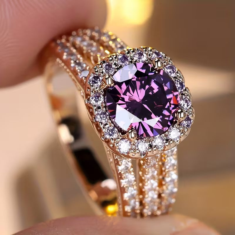 Anillo Halo de Amatista Dorada