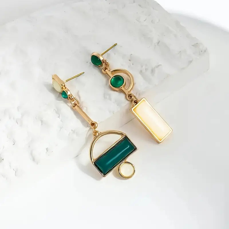 Pendientes Colgantes Geométricos de Oro y Esmeralda