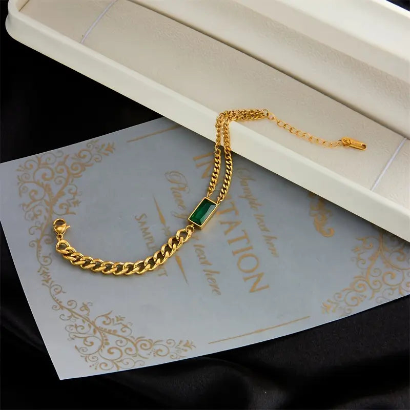 Pulsera de Cadena con Barra de Esmeralda Dorada