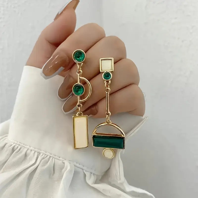 Pendientes Colgantes Geométricos de Oro y Esmeralda