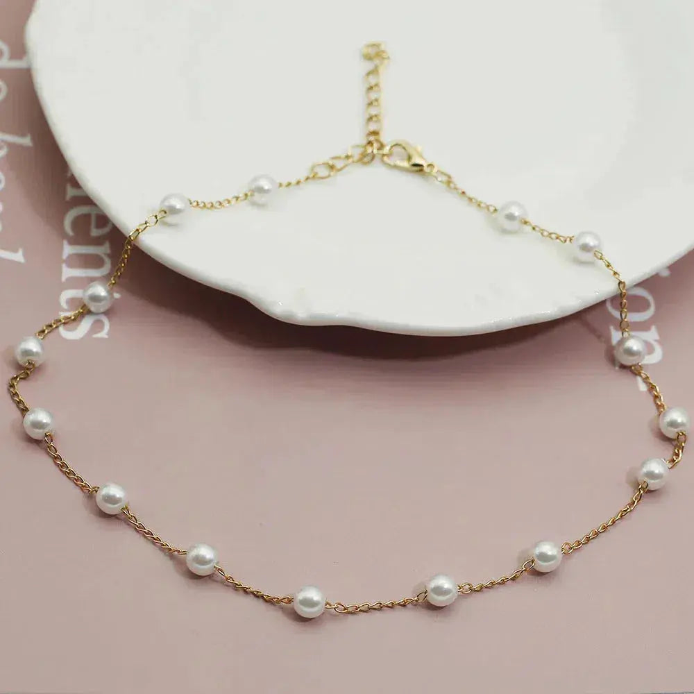 Collar de Cadena de Perlas Espaciadas en Oro
