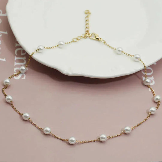 Collar de Cadena de Perlas Espaciadas en Oro