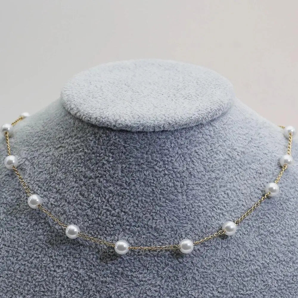 Collar de Cadena de Perlas Espaciadas en Oro