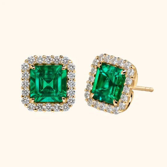 Pendientes de Stud Halo Cuadrados de Esmeralda Dorada