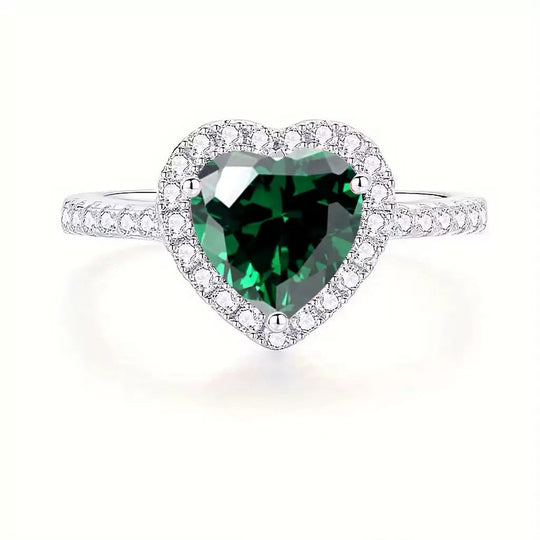 Anillo Halo de Corazón de Esmeralda Plateada