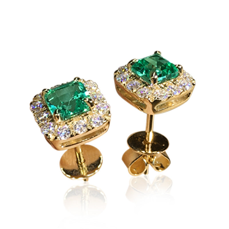 Pendientes de Stud Halo Cuadrados de Esmeralda Dorada
