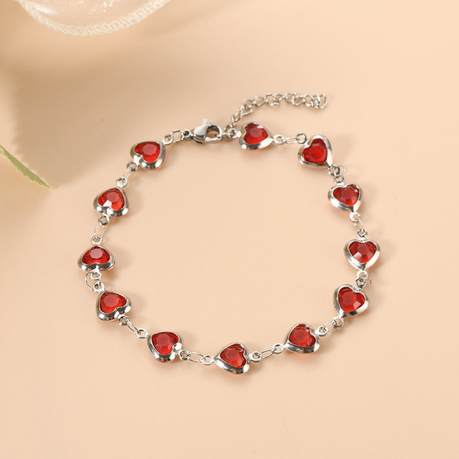 Pulsera de Cadena de Corazón de Rubí Plateado