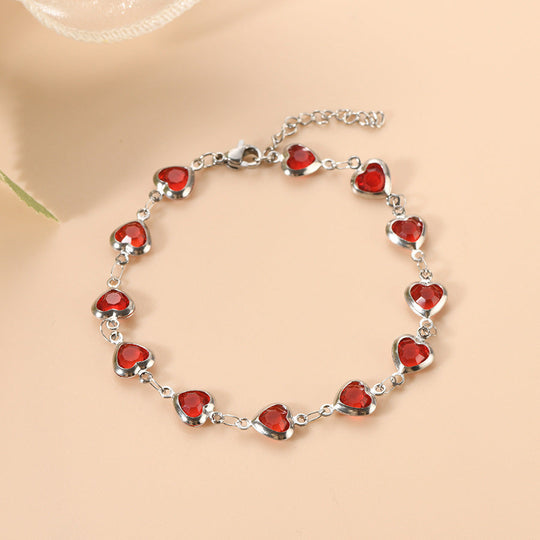 Pulsera de Cadena de Corazón de Rubí Plateado
