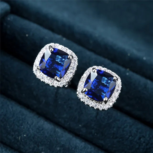 Pendientes de Stud Halo de Zafiro Plateado