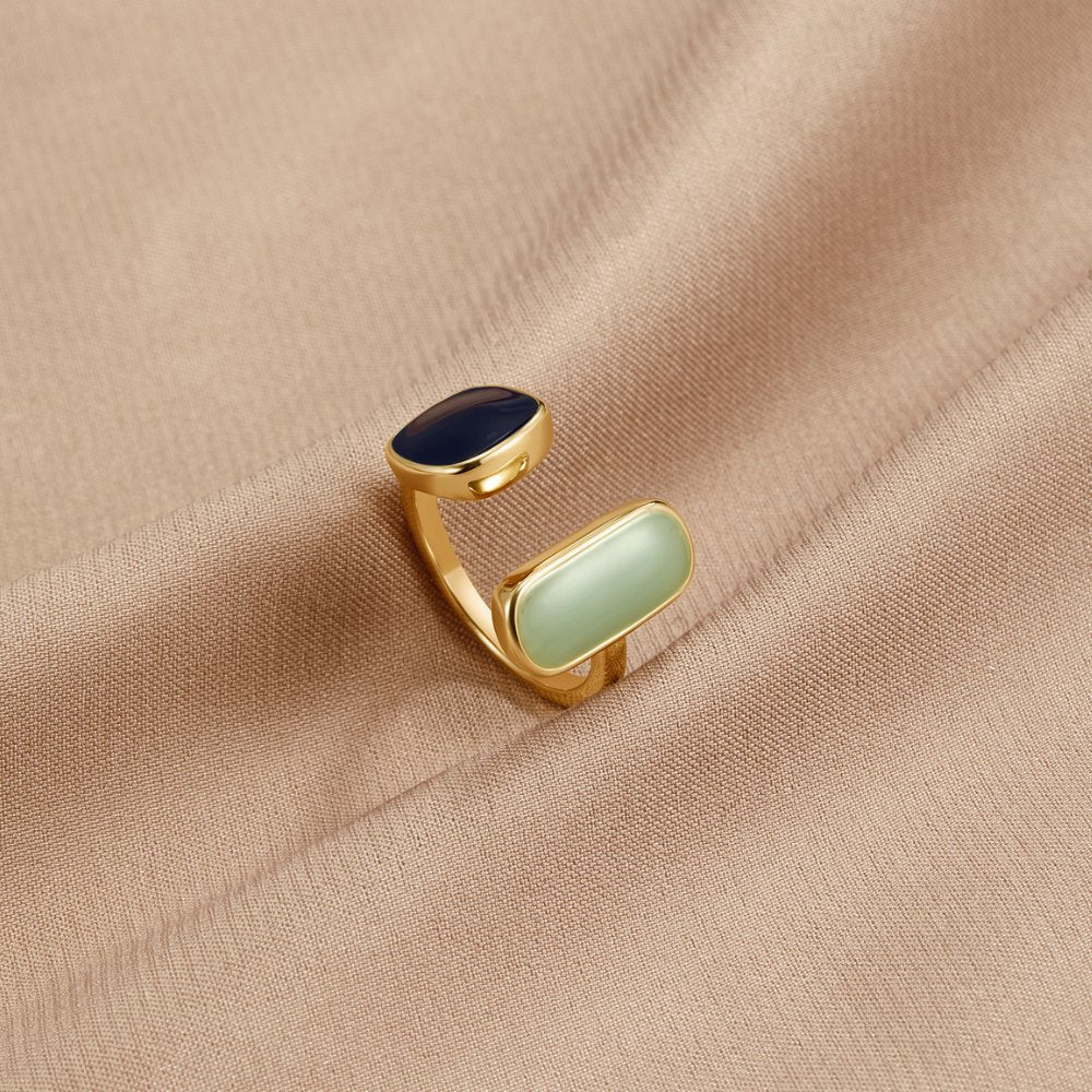 Anillo Abierto de Doble Piedra Dorada