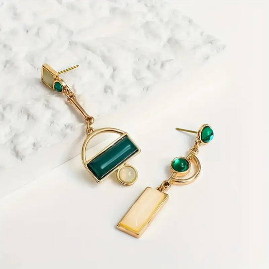 Pendientes Colgantes Geométricos de Oro y Esmeralda