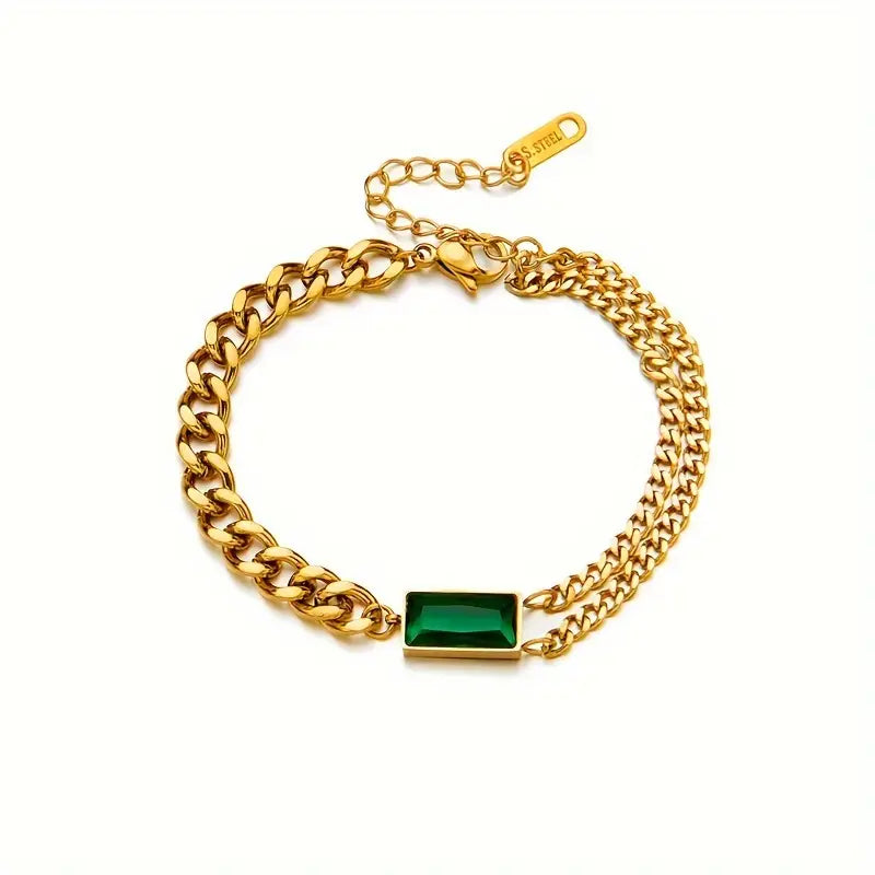 Pulsera de Cadena con Barra de Esmeralda Dorada