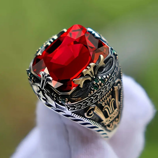 Anillo de sello ornamental de rubí plateado