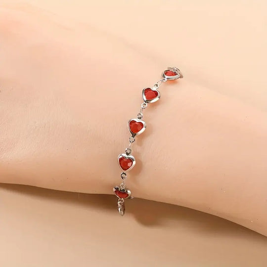 Pulsera de Cadena de Corazón de Rubí Plateado