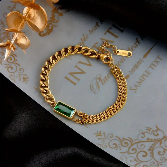 Pulsera de Cadena con Barra de Esmeralda Dorada