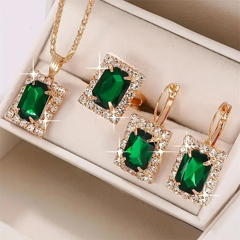 Conjunto de Joyería Rectangular de Oro y Esmeralda