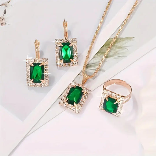 Conjunto de Joyería Rectangular de Oro y Esmeralda