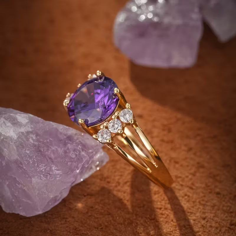 Anillo de Oro con Amatista y Banda Dividida