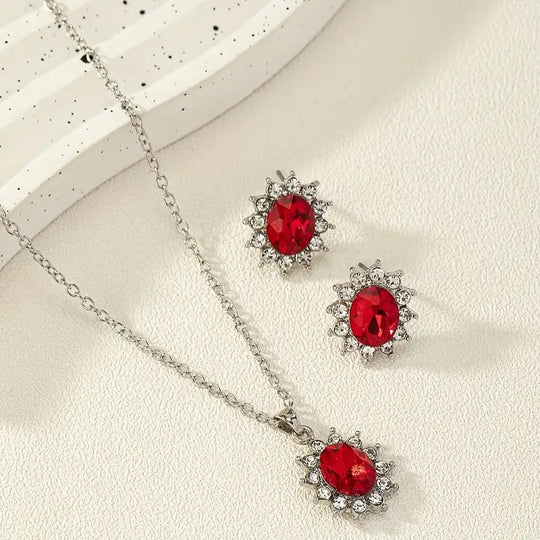 Conjunto de Joyería Floral de Rubí Plateado