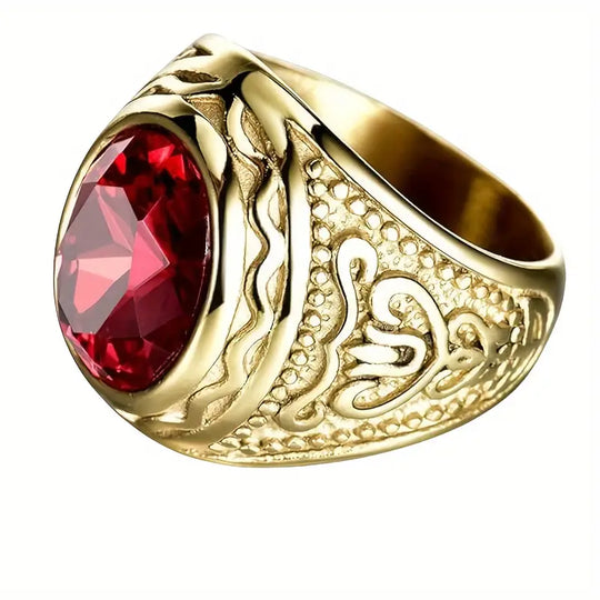 Anillo Grabado en Oro y Rubí