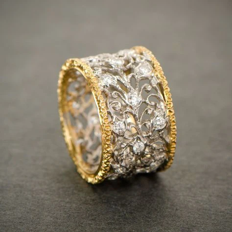 Anillo de Banda Ornamental de Plata y Oro
