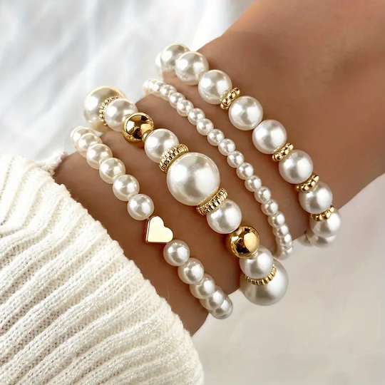 Conjunto de Pulseras de Perlas Doradas
